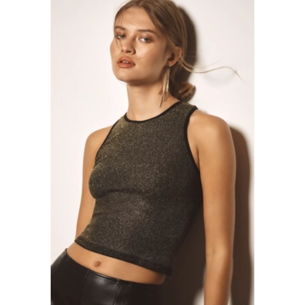 Anthropologie The Reegan Seamless Lurex Ribbed Crop Tank Black SZ S/M